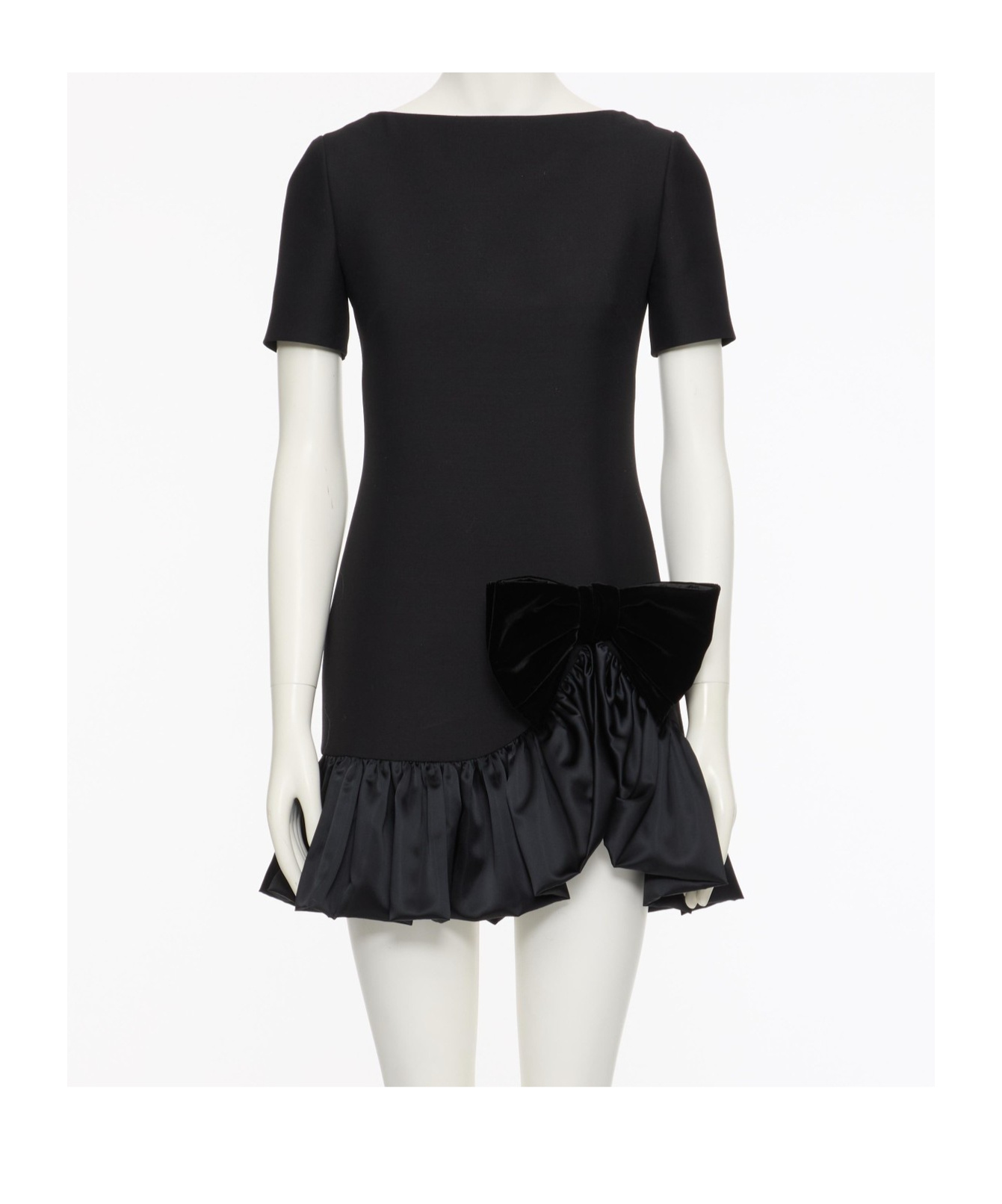 Valentino Velvet Bow Ruffle Short-sleeve Mini Dress In Black