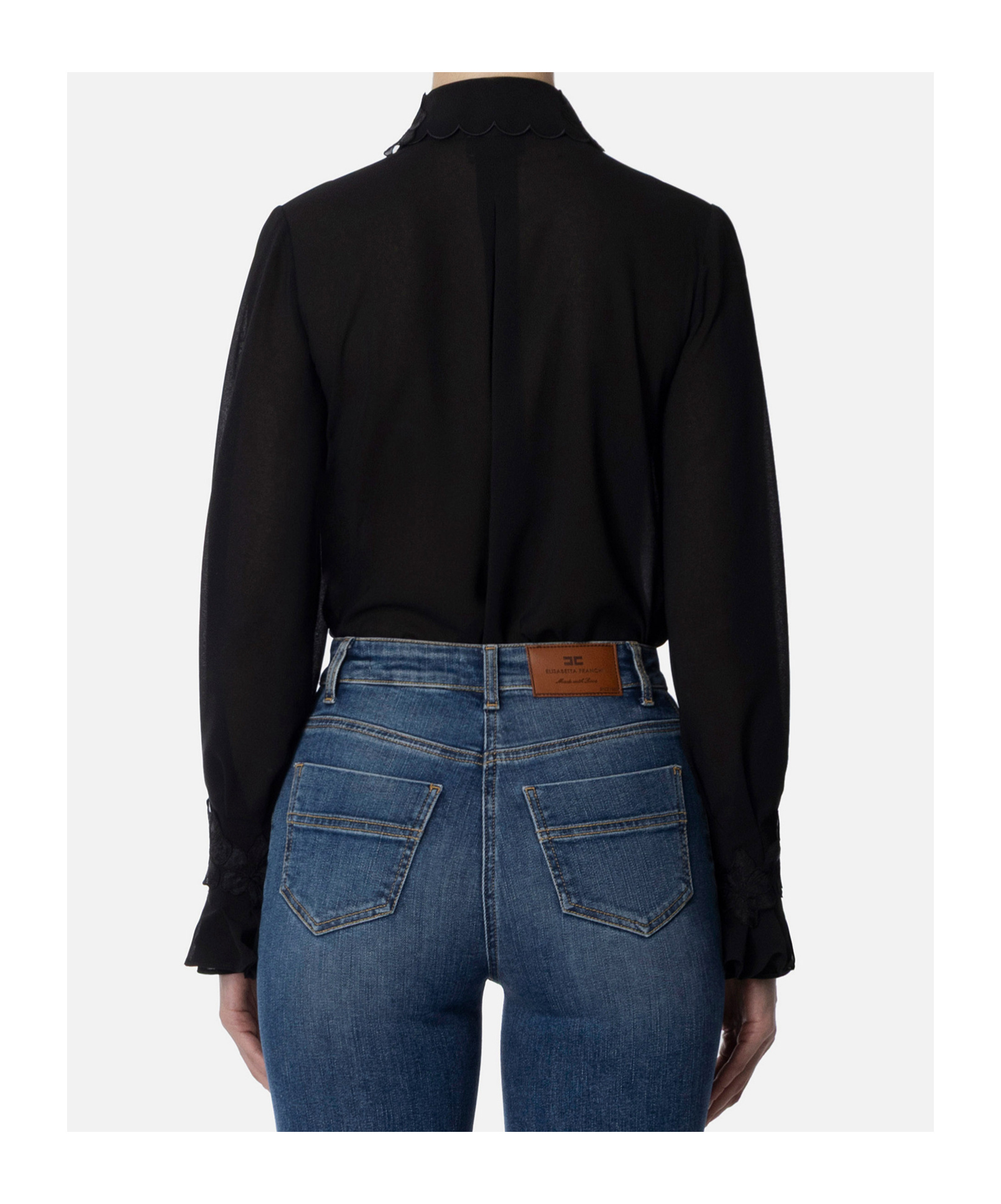 Elisabetta Franchi Shirt In Georgette Fabric With Floral Embroideries In Black