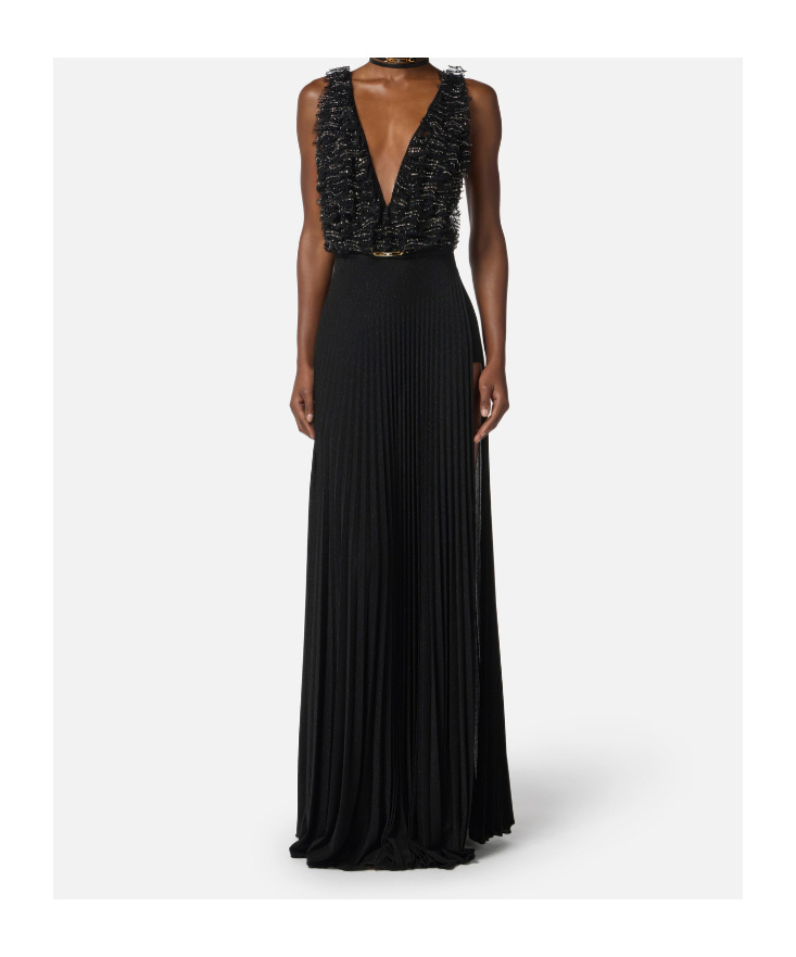 Elisabetta Franchi Abito Red Carpet In Tulle E Jersey Con Cristalli In Black