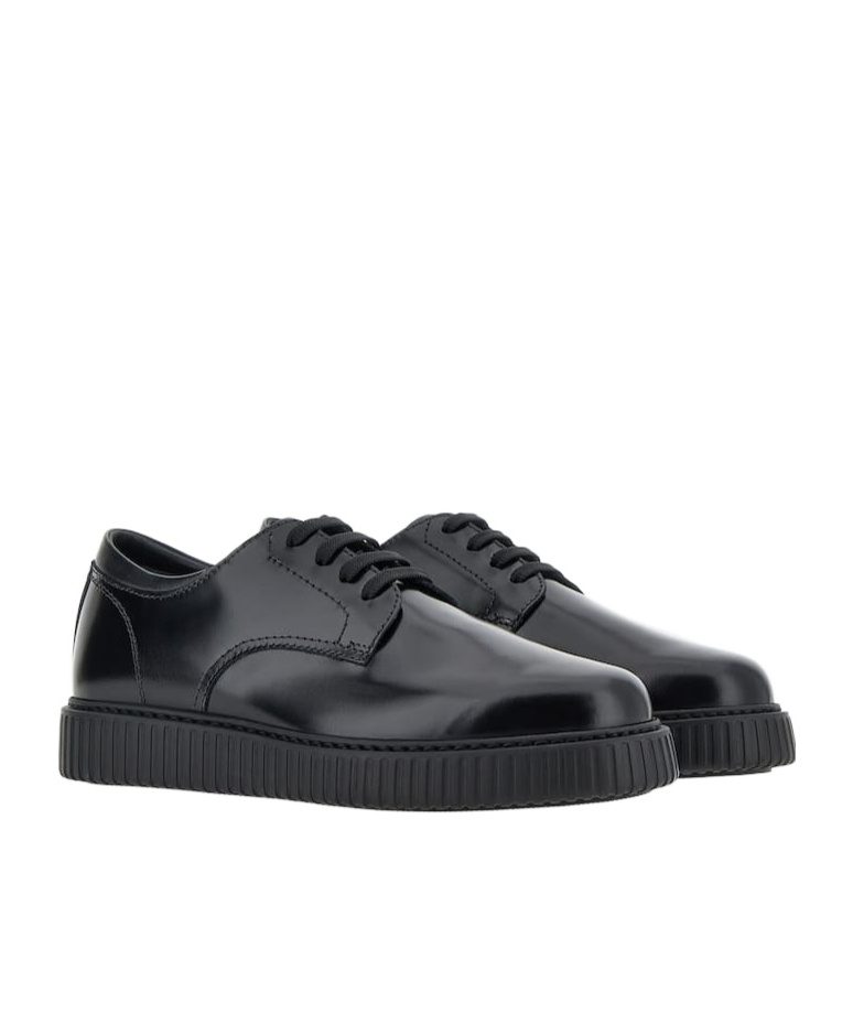 Hogan Lace-up Black Leather Shoes With Textured Sole In Black