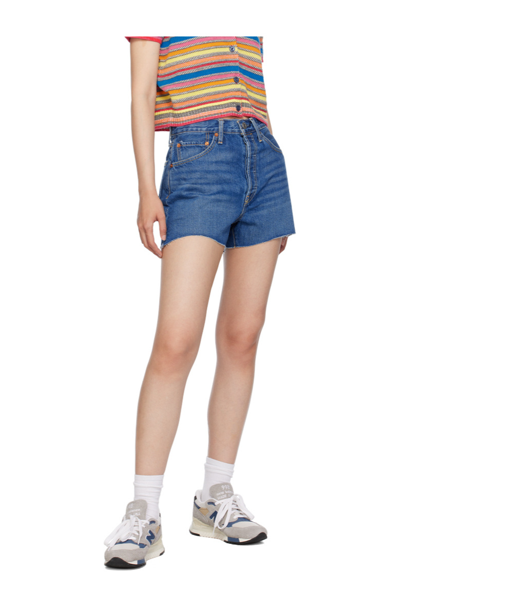 Re/done Logo Denim Shorts In Blue