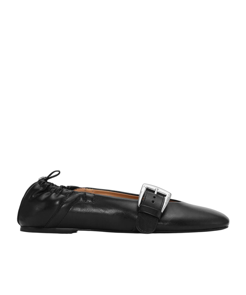 Ganni Buckle Strap Ballerinas With Rounded Square Toe In Blue