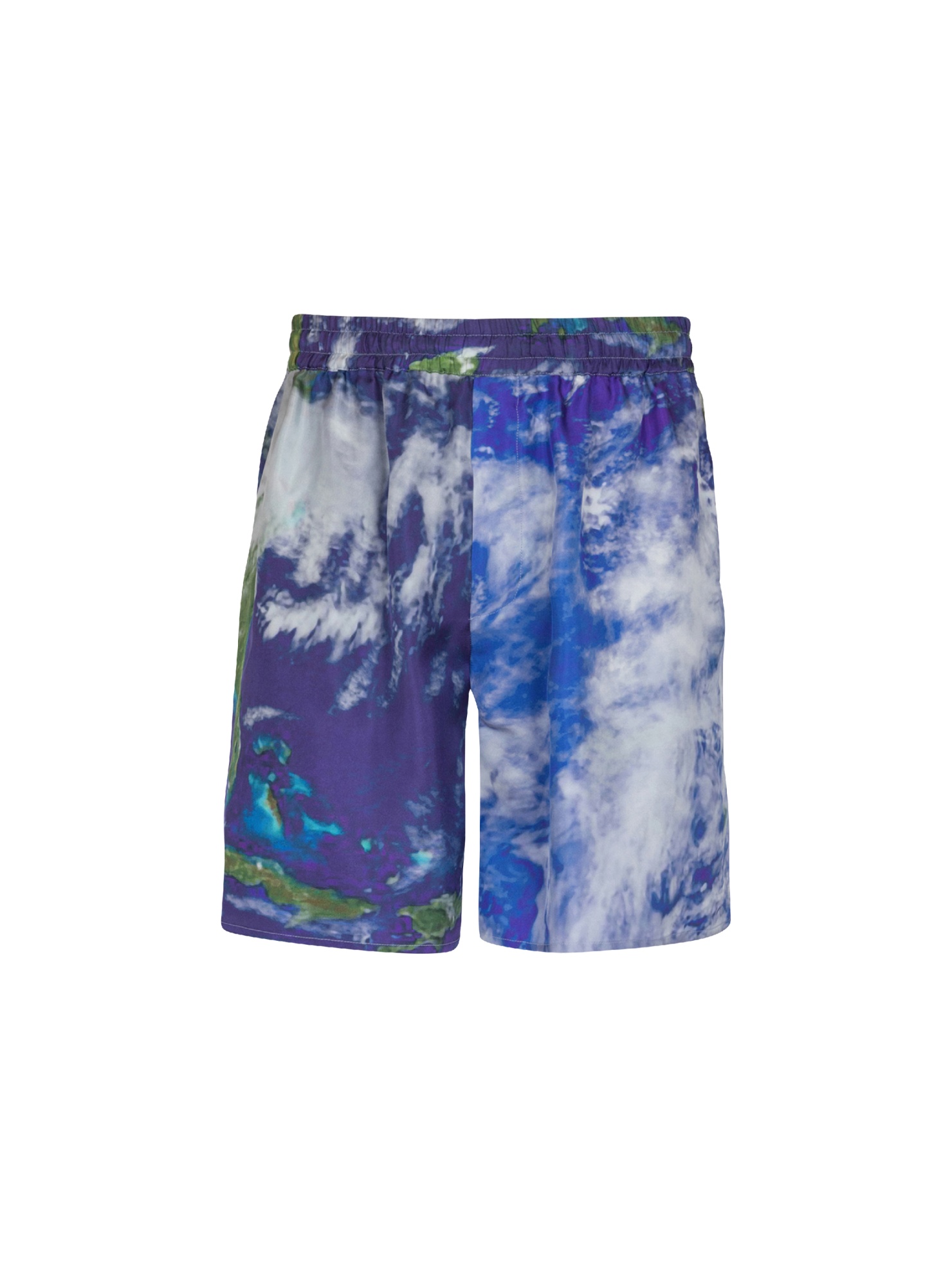 Shop Balmain Silk Shorts With Earth Print In Blue