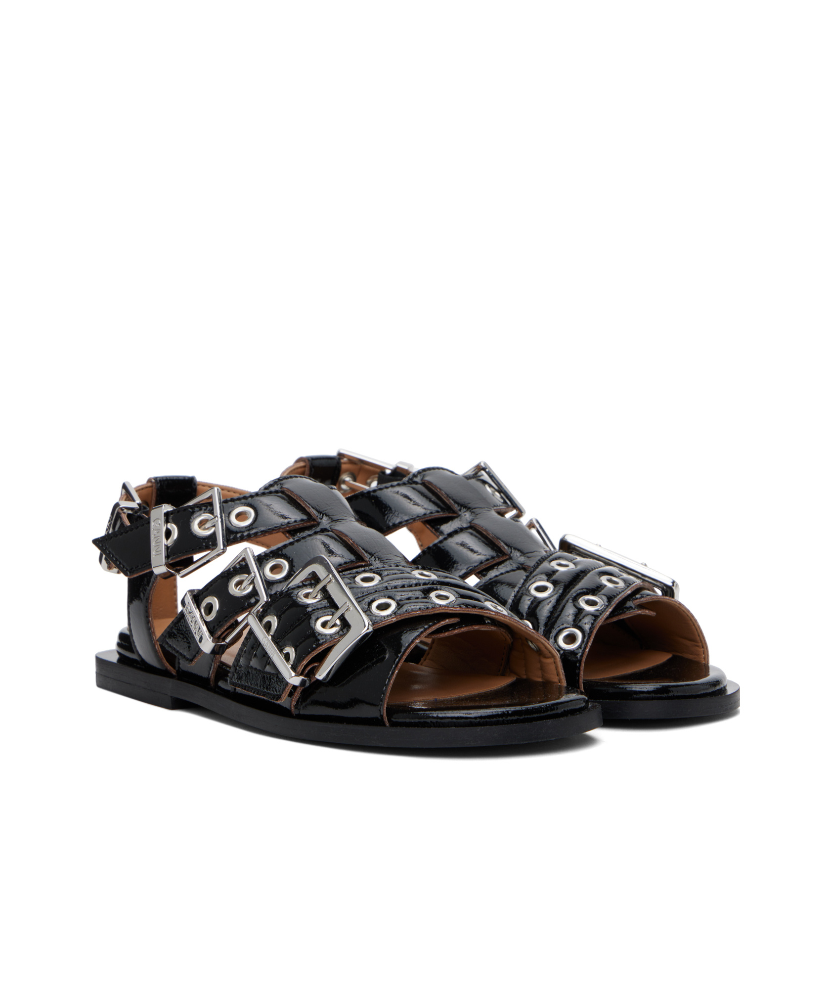 Ganni Buckle Sandals With Flat Sole And Metal Eyelets In Black