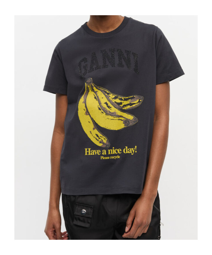 Ganni Crew-neck Cotton T-shirt With Banana Print In Gray