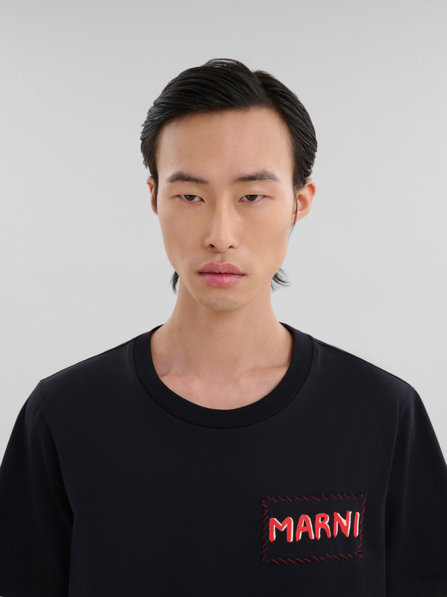 Marni Mens Black Embroidered Logo-patch Crewneck Cotton-jersey T-shirt In Black
