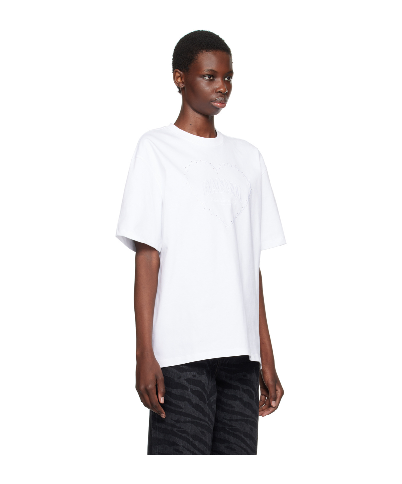 Ganni Rhinestone Logo Embroidery T-shirt In White