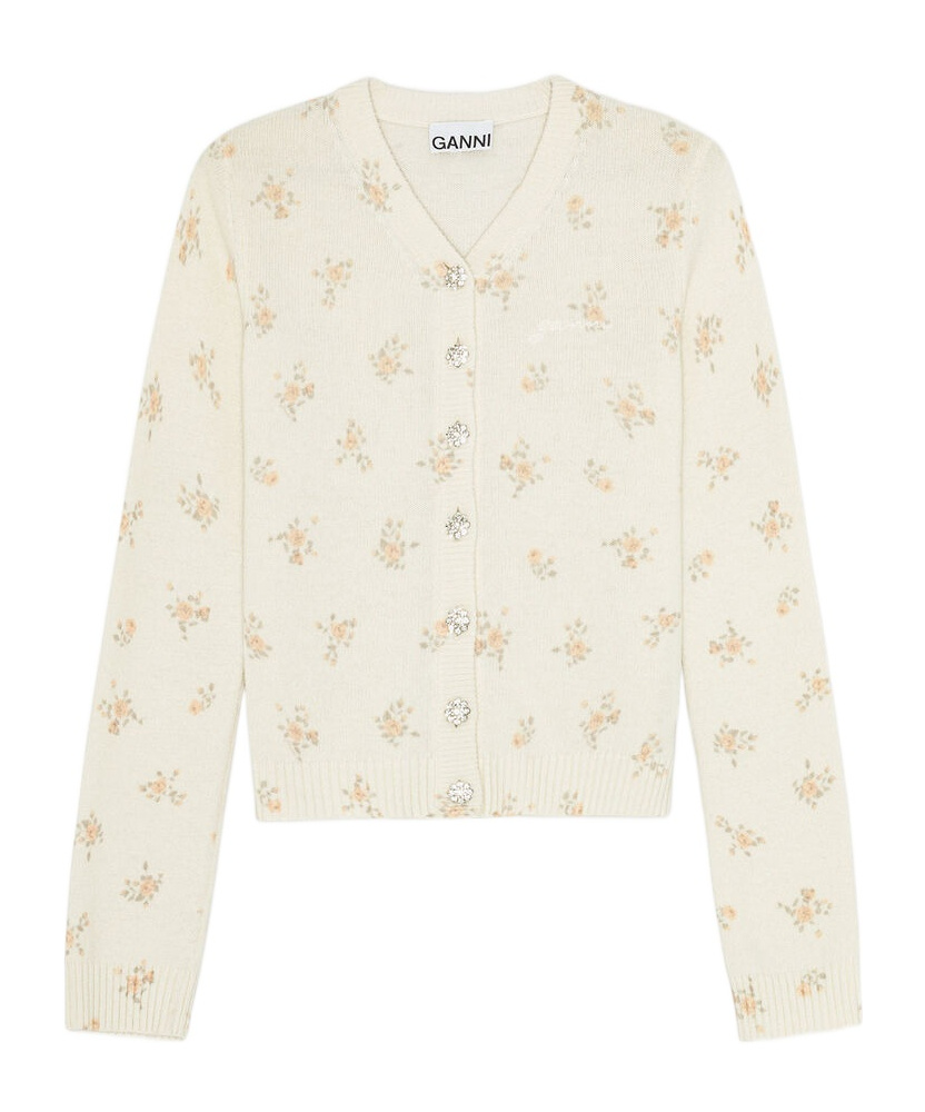 Ganni Womens Antique White Floral-print Embellished-button Wool-blend Knitted Cardigan In Multi