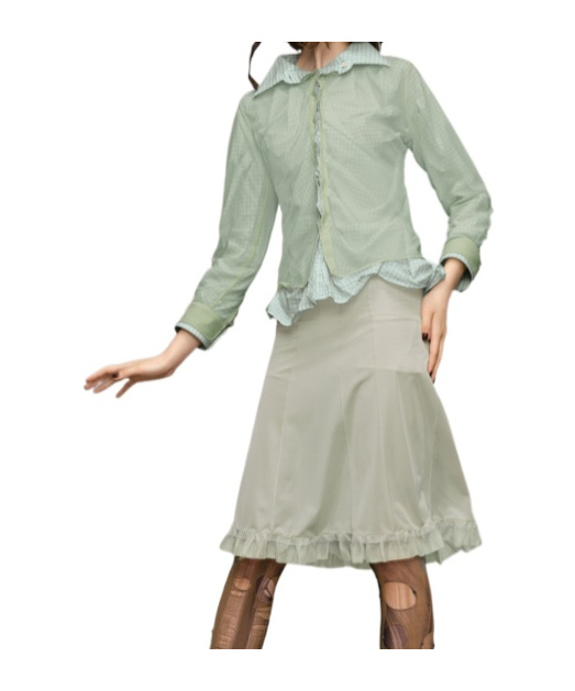 Maison Margiela Layered Shirt With Collar And Ruffles In Light Green And Light Green