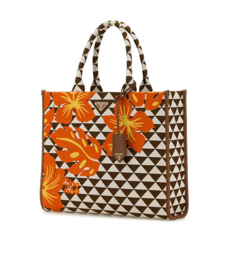 Prada Large Embroidered Fabric Shopping Bag In Tobacco Color / Powder Fog White