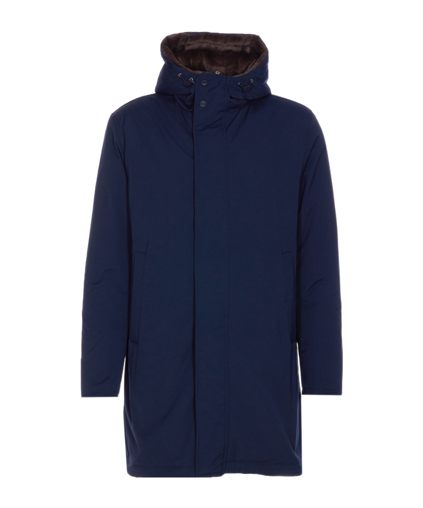 Herno Hooded Long Length Padded Coat With Button Pockets In Blue