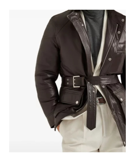 Brunello Cucinelli Belted Leather Safari Jacket In Brown