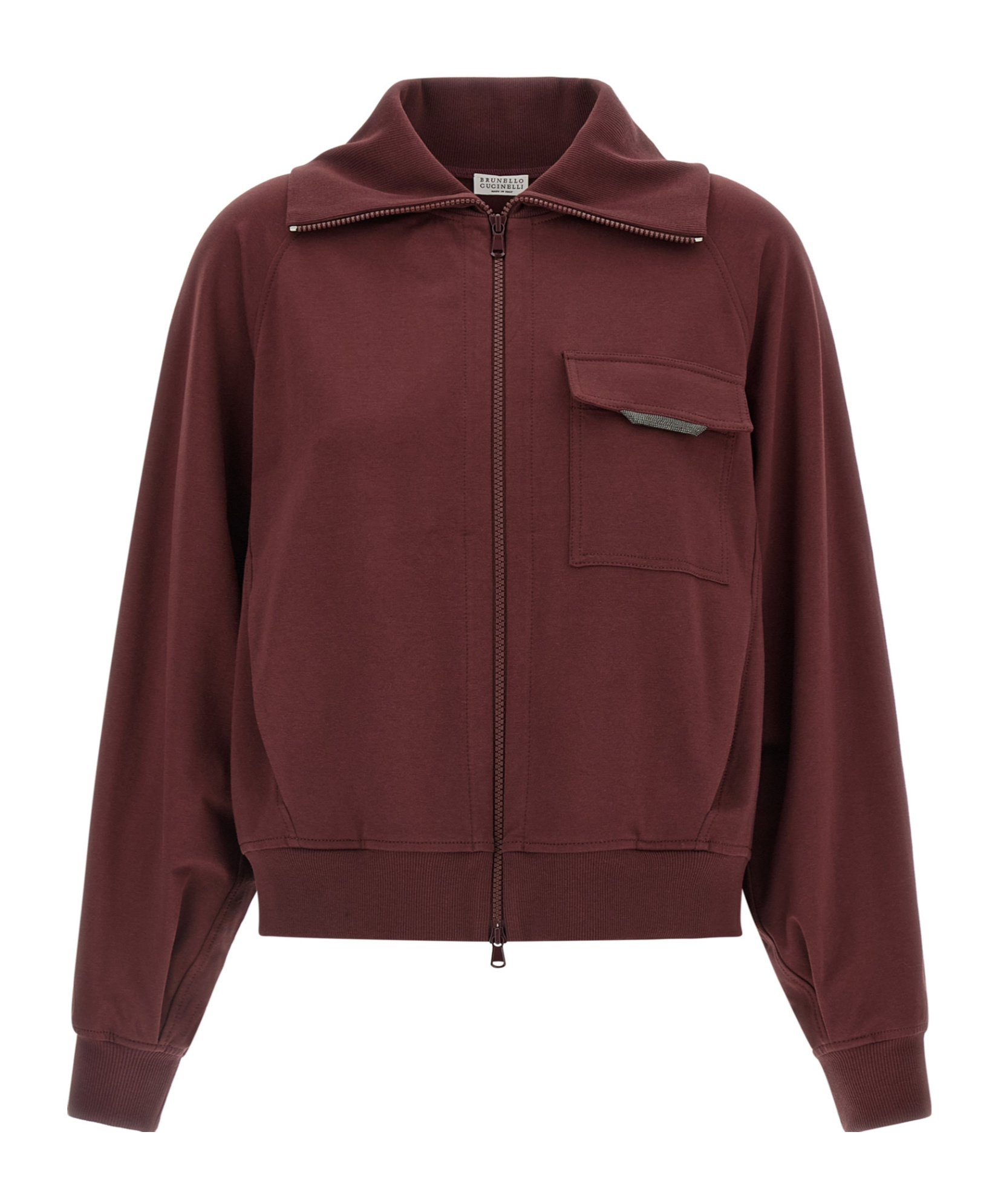 Brunello Cucinelli Collared Neck Sweatshirt With Shiny Flap Detail In Burgundy