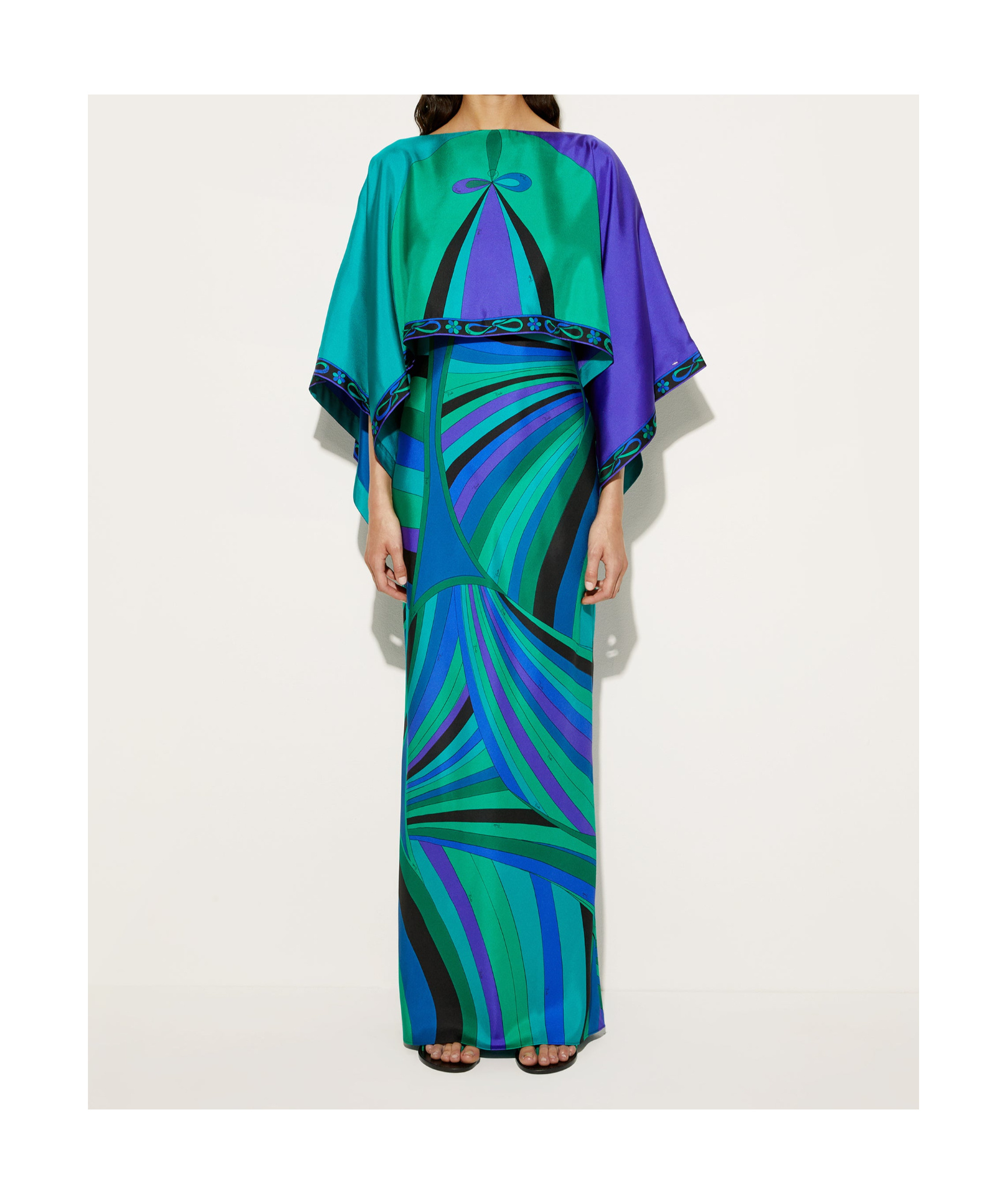 Pucci Long Dress With Cape Detail And Draped Sleeves In Multi