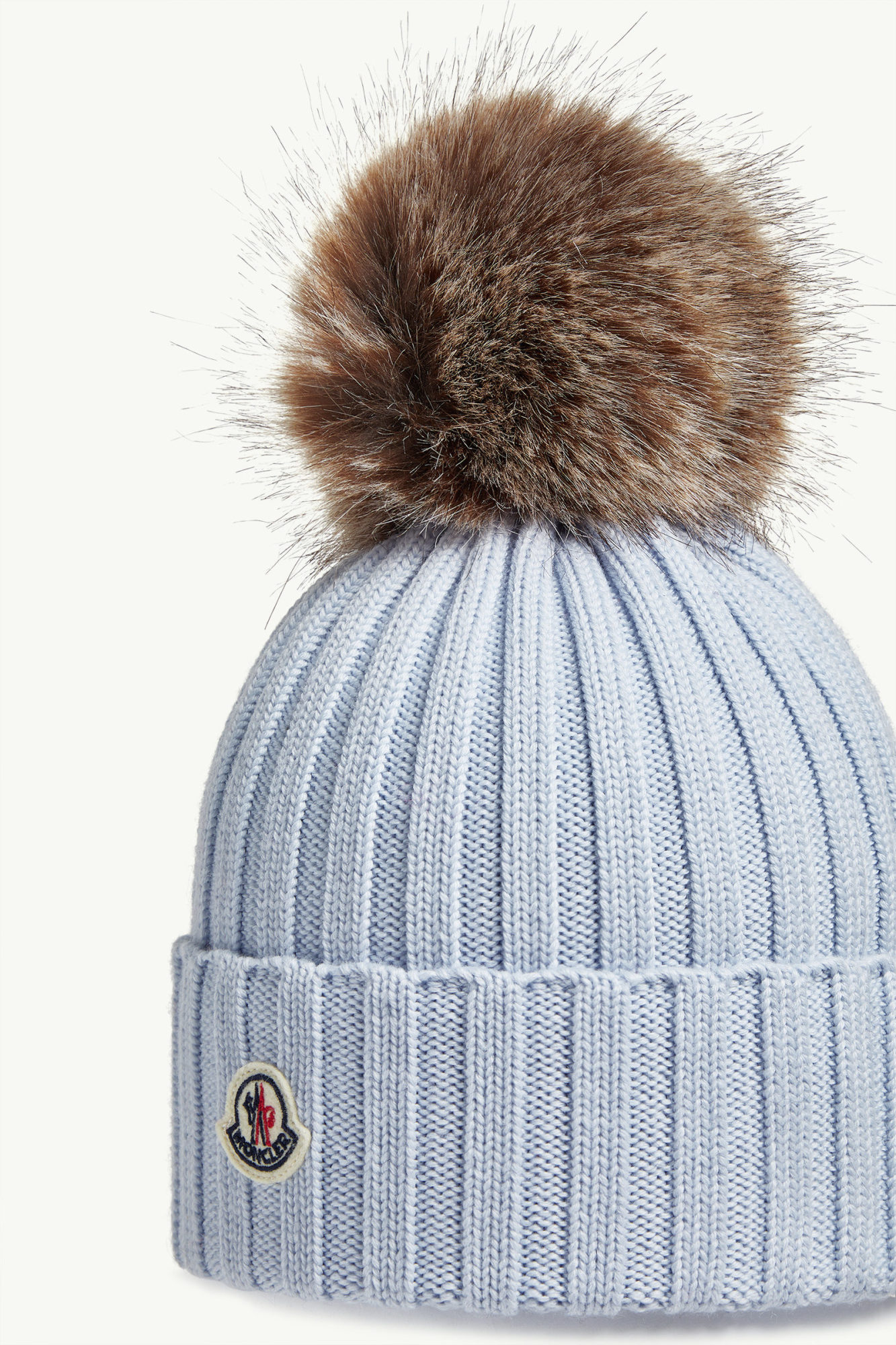 Moncler Ribbed Knit Hat With Fluffy Pom-pom In Blue