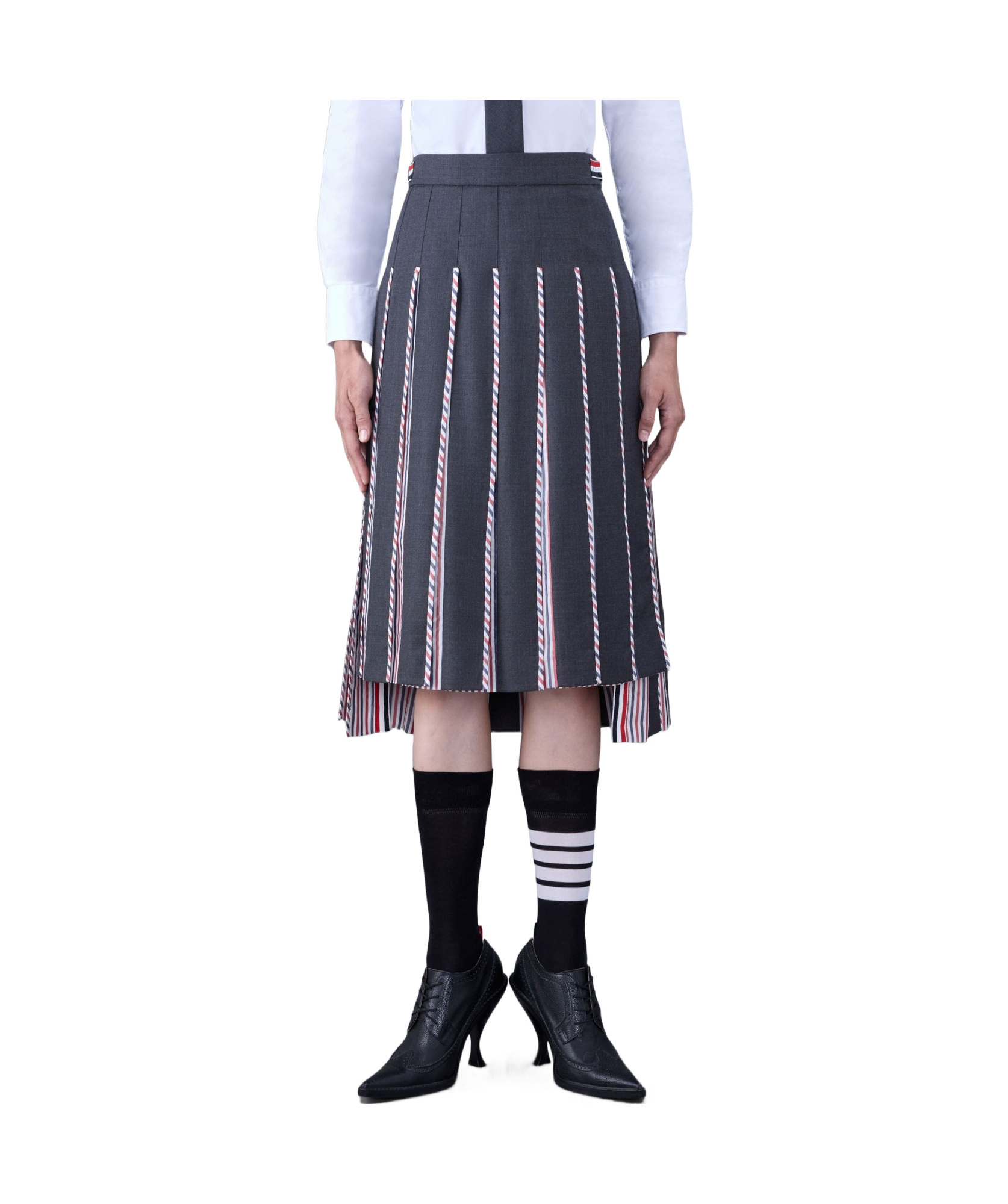 Thom Browne Rwb-print Pleated Midi Skirt In Black