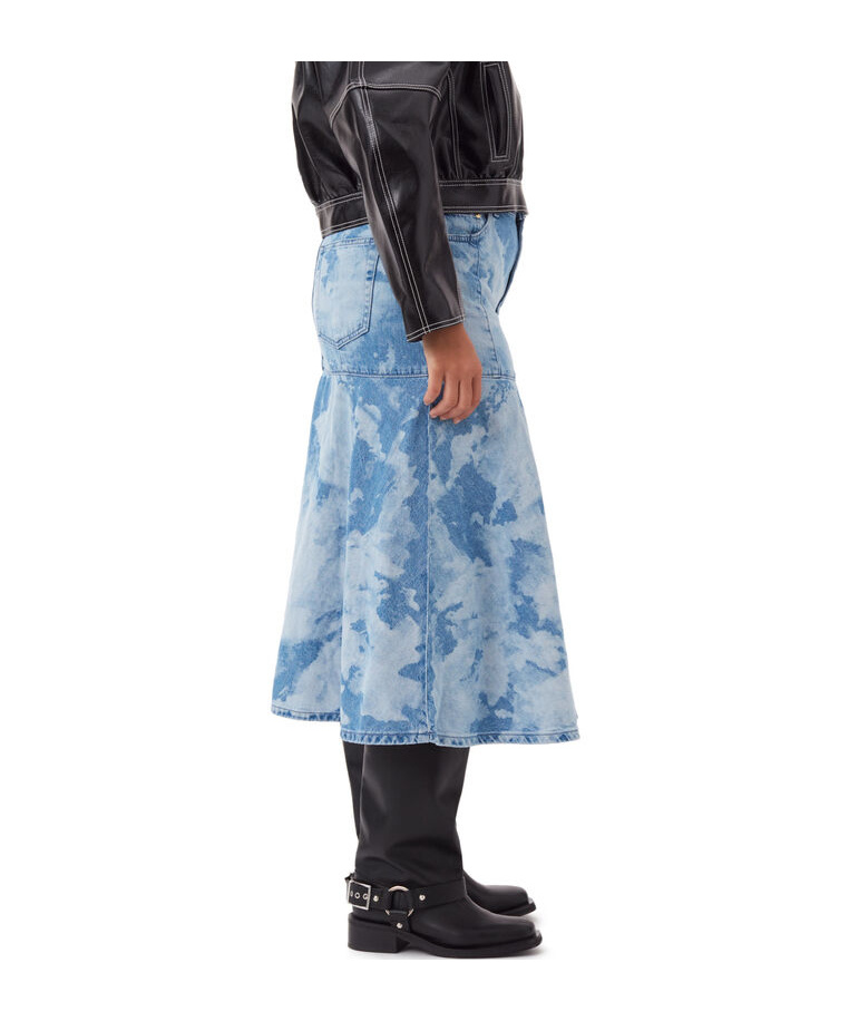 Ganni Blue Bleach Denim Flounce Midi Skirt In Blue