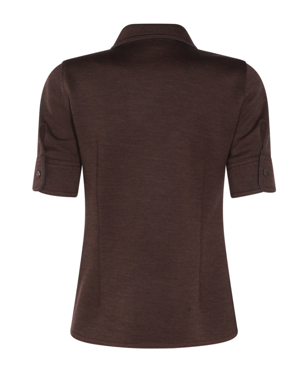 Gucci Women Brown Shirt With Polo Style Pointed Collar In Wool And Cotton Blend Woman In Brown
