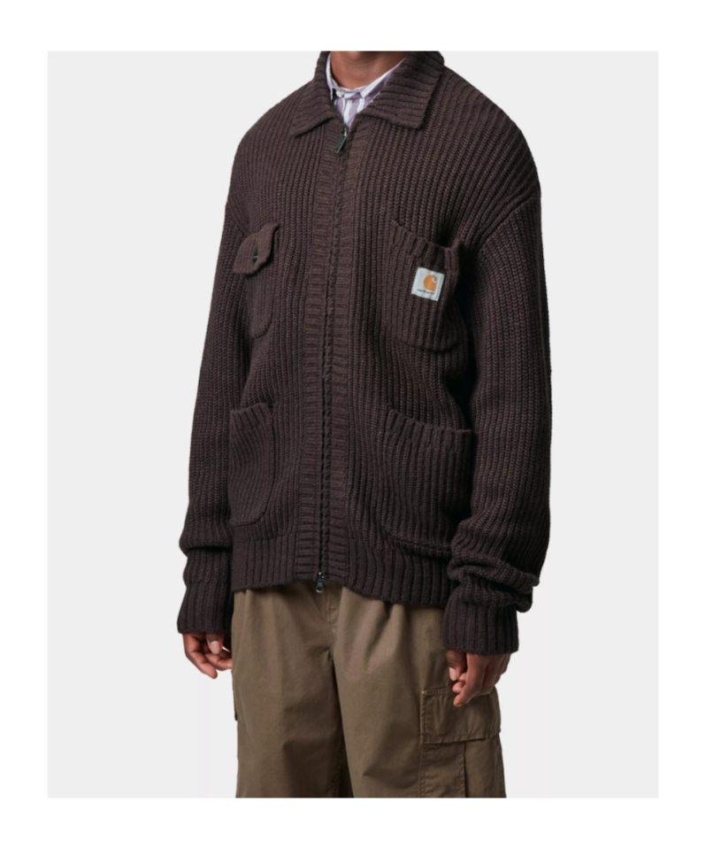 Carhartt Ip Mens Chore Logo-patch Knitted Wool-blend Cardigan Palisander In Brown