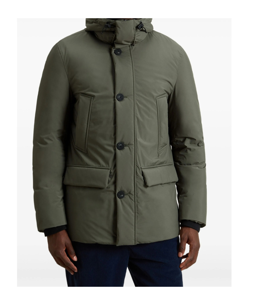 Woolrich Hooded Button-fastening Padded Jacket In Green