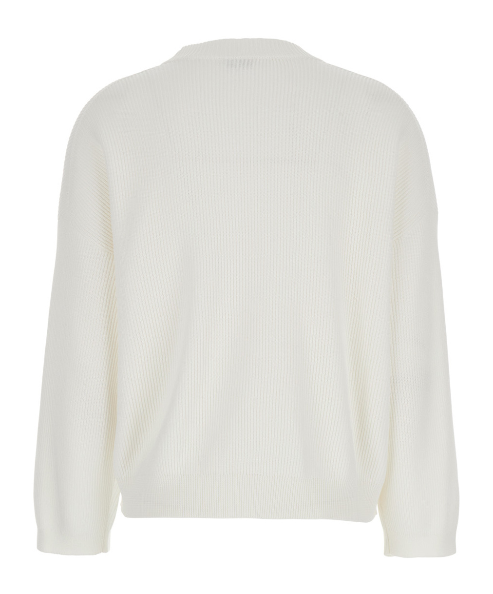 Brunello Cucinelli White Sweater With V Neck And Monile Detail On The Front In Cotton Woman In White