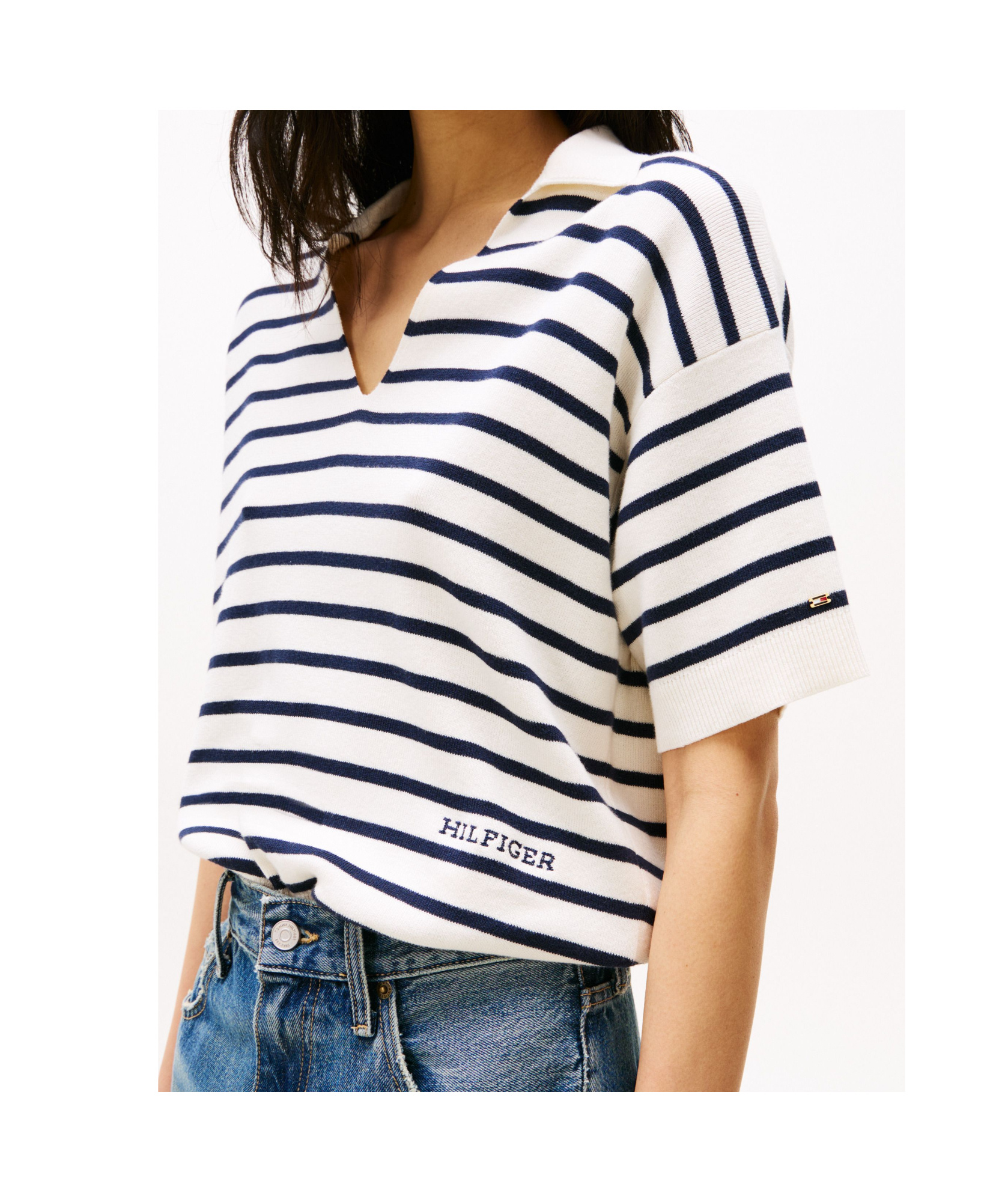 Tommy Hilfiger Stripe Short Sleeve Polo Jumper In Ivory Petal Color/dark Navy Blue