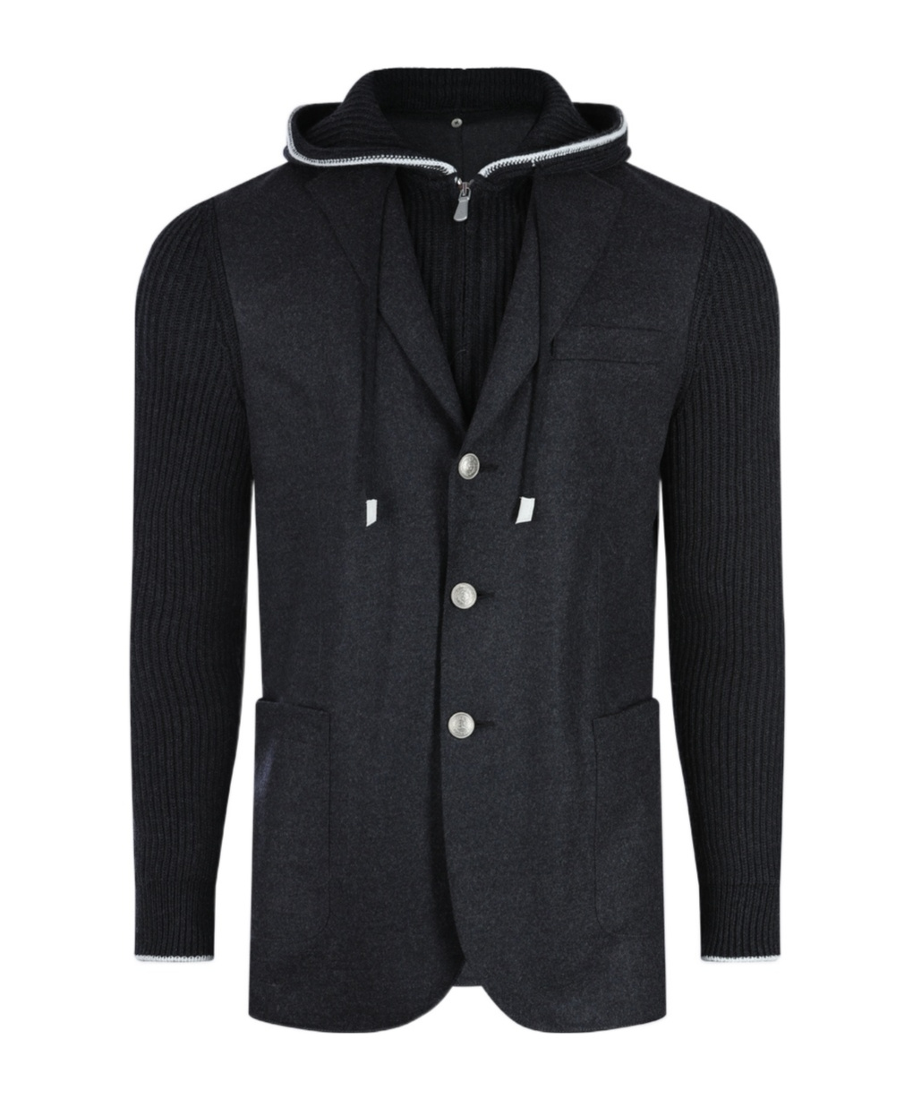 Eleventy Hooded Blazer With Ribbed Sleeves And Pockets In Black