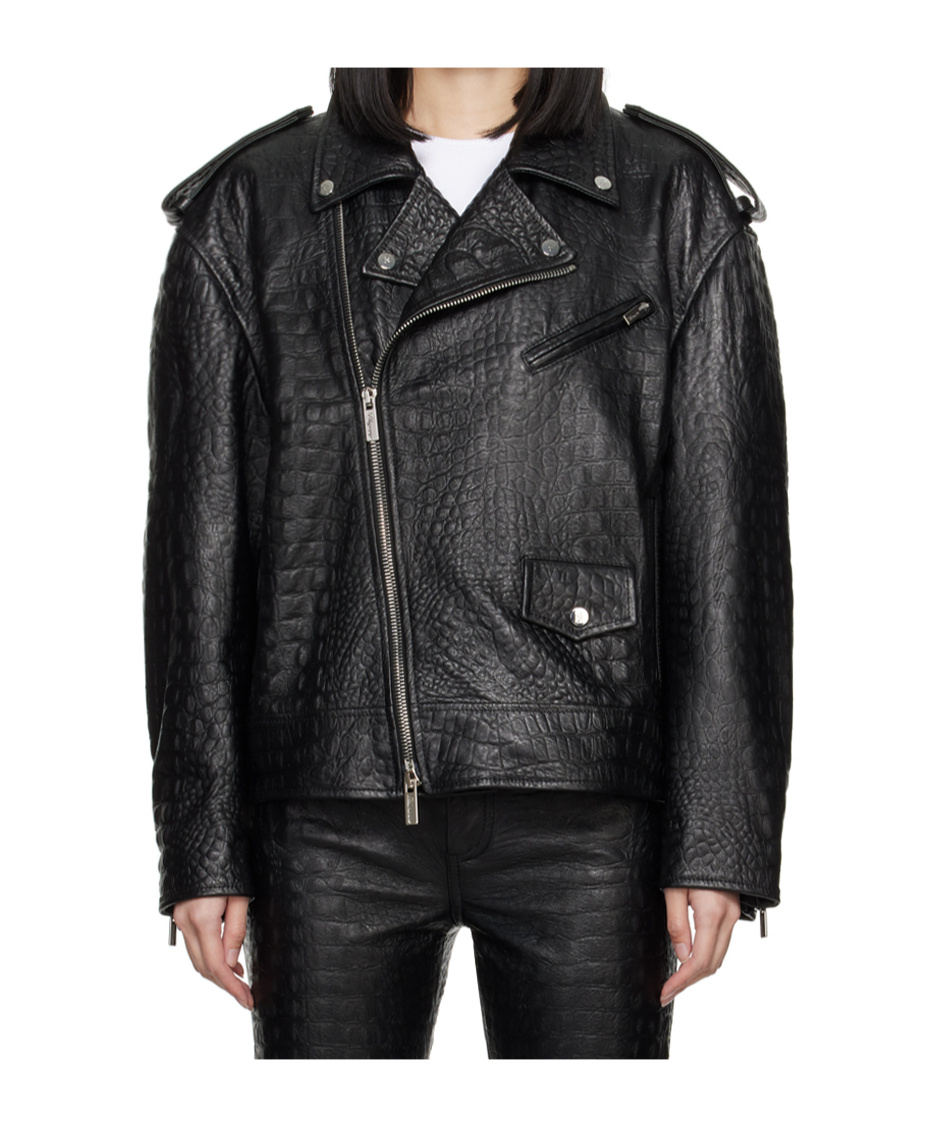 Blumarine Crocodile-effect Leather Jacket In Black