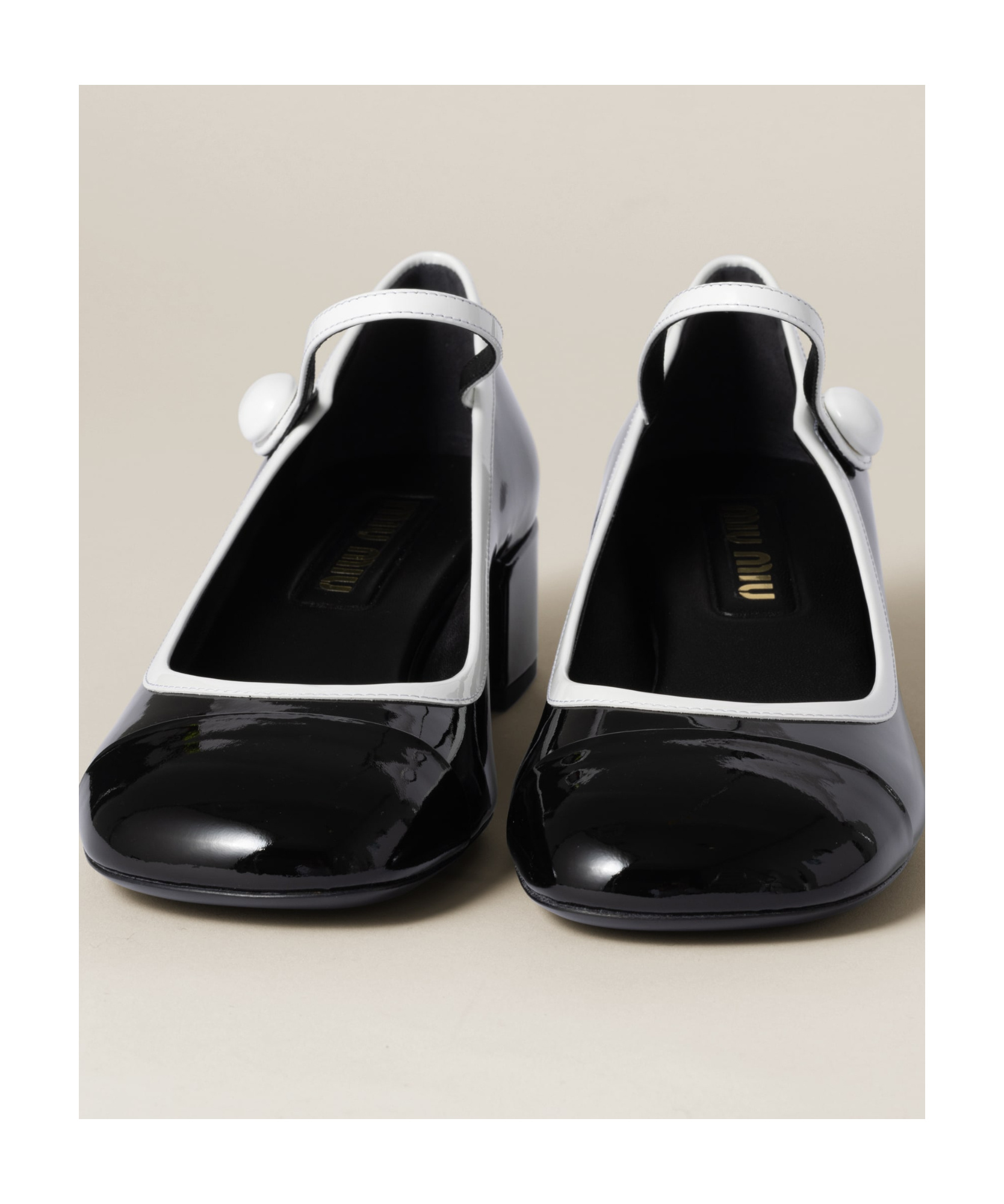 Miu Miu Leather Block Heel Pumps With Patent Finish In Black/white