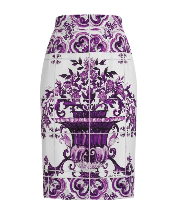Dolce & Gabbana Maiolica Print Stretch Silk Skirt In Purple