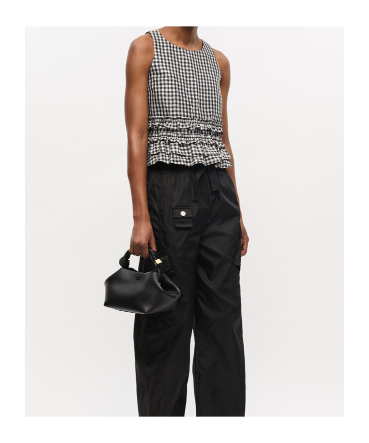 Ganni Crinkled Check Frill Top In Black