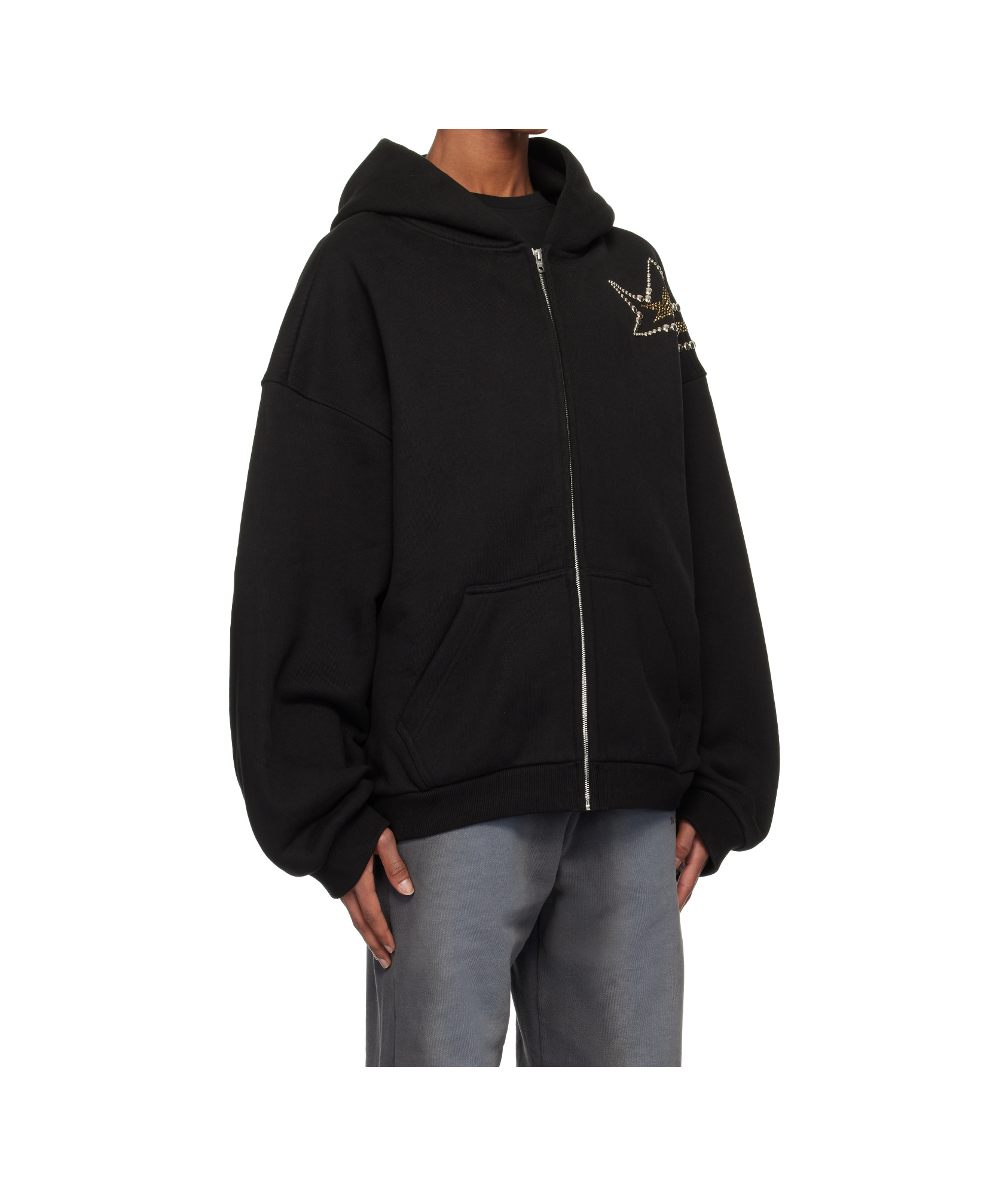 We11 Done Cotton Hoodie With Star Detail And Front Zipper In Black