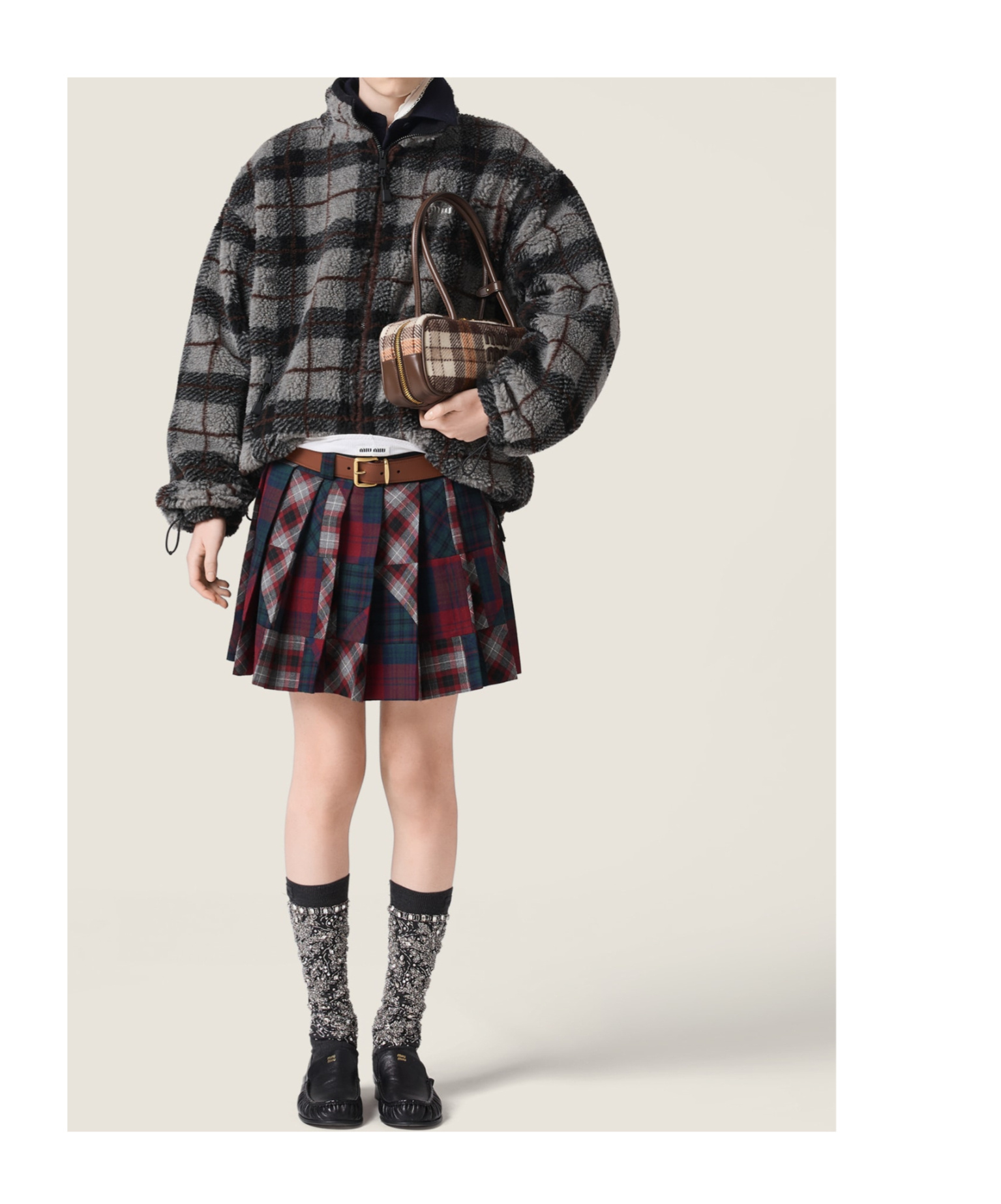 Miu Miu Checked-pattern Teddy-fleece Jacket In Black