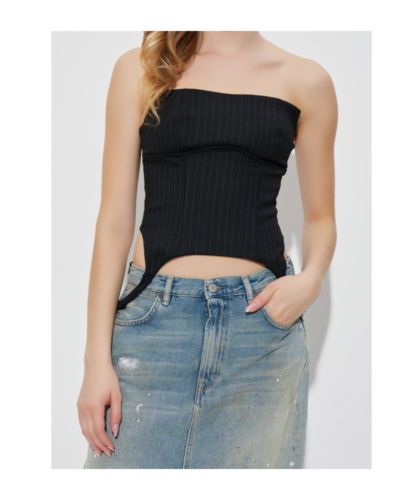 Misbhv Striped Off-shoulder Top In Black