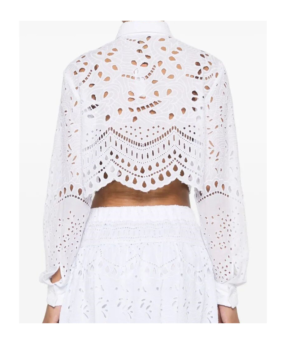 Ermanno Scervino Lace Long-sleeve Cropped Shirt With Scalloped Hem In Bright White