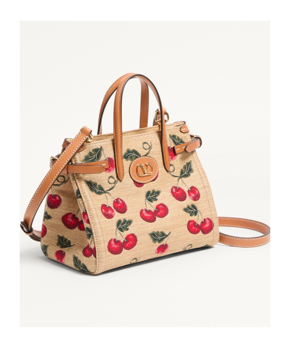 Shop Valentino Garavani Antibes Small Shopping Bag In Synthetic Jacquard Raffia With Cherryfic Pattern In Nude