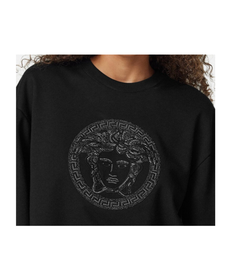 Versace Women's Sweatshirt Medusa With Crystal And Lurex Embroidery Yd Cotton Fleece In Black