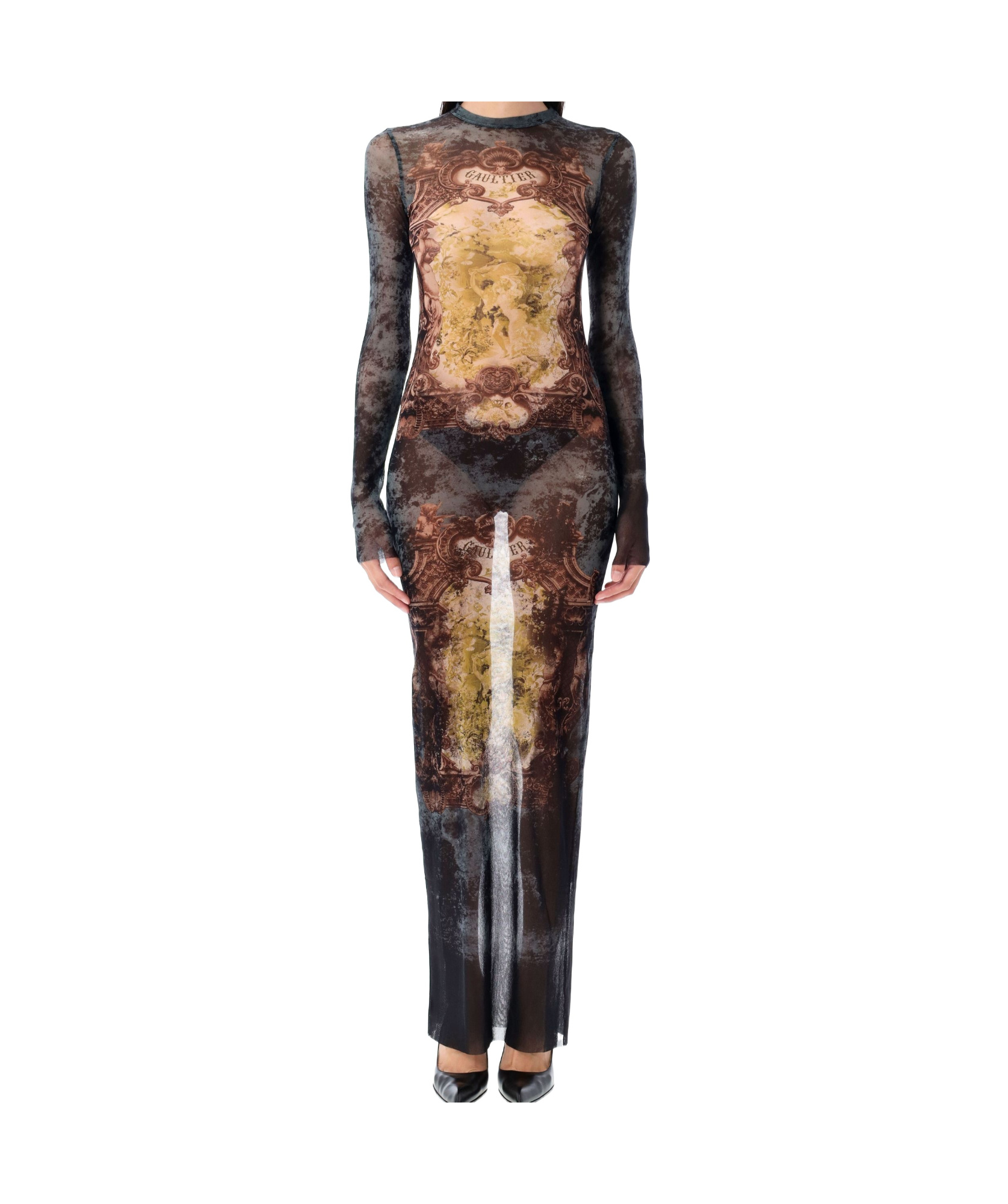 Jean Paul Gaultier Medallion Print Mesh Long Skirt In Multi