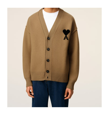 Ami Alexandre Mattiussi Ami Felted Merino Wool Cardigan With Inlaid Heart Motif In Brown