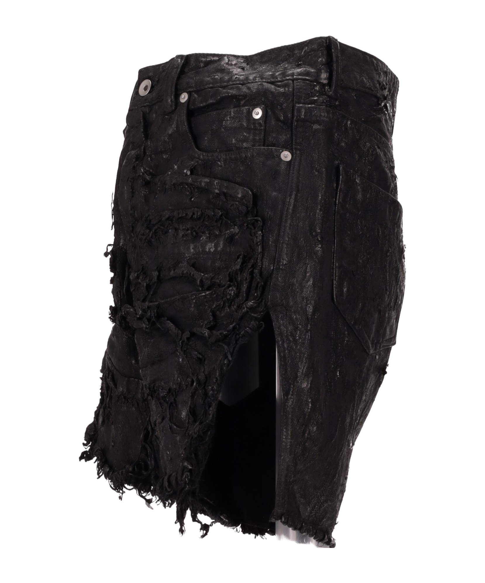 Rick Owens Womens Cut-off Distressed Waxed Cotton Shorts Black