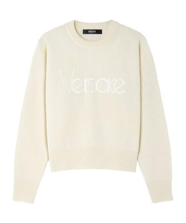Versace Logo Embroidered Knitted Sweater In White
