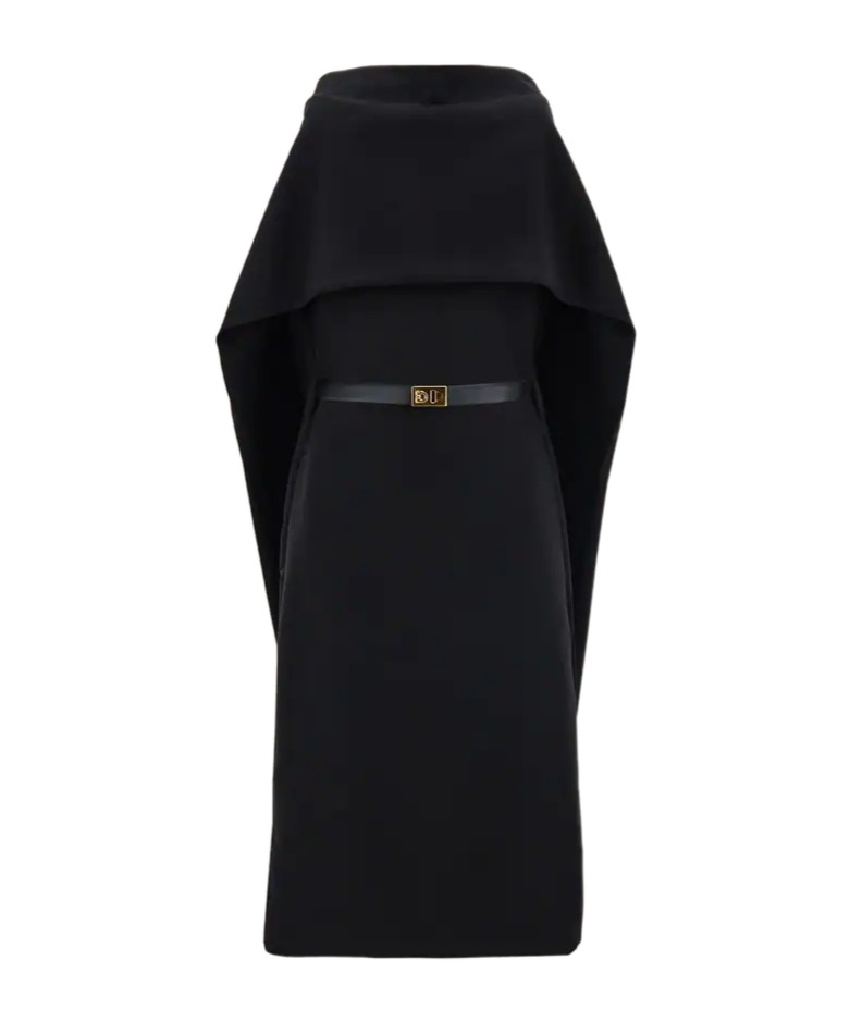Ferragamo Belted Midi Dress With Billowing Front Panel In Black