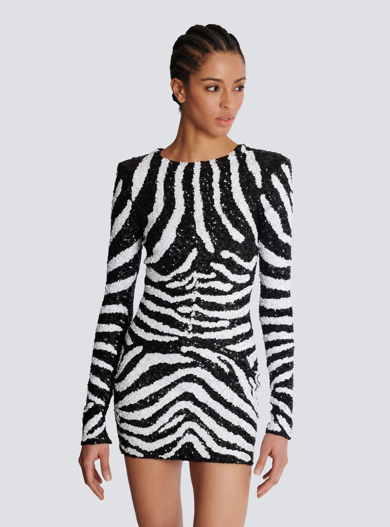 Shop Balmain Short Two-tone Zebra Sequin Dress In Black