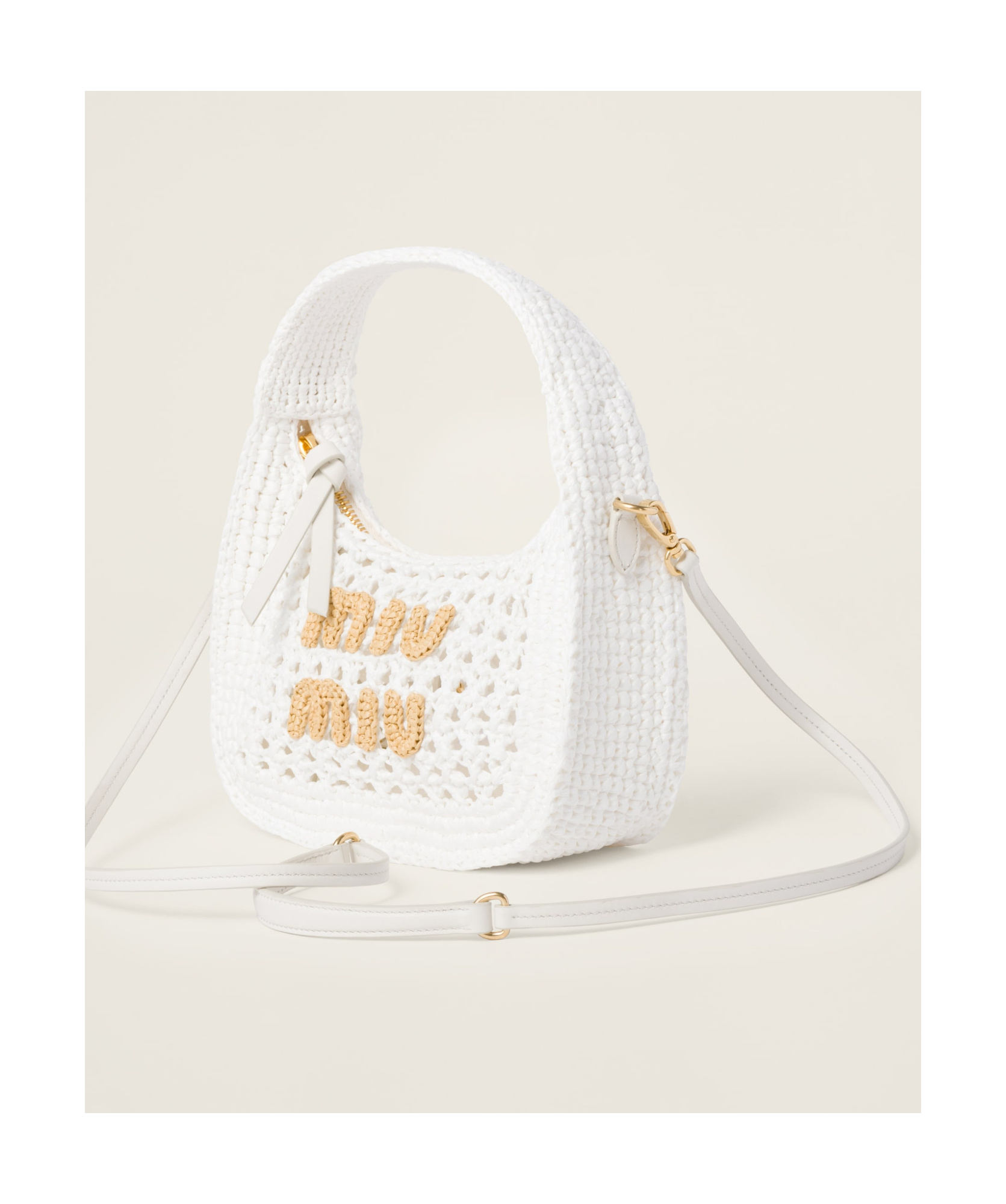 Miu Miu Wander Woven Fabric Hobo Bag In White