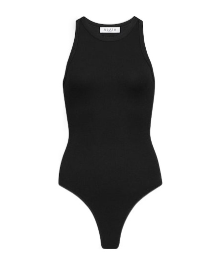 Alaïa Ribbed Texture High Neckline Sleeveless Thong Cut In Black