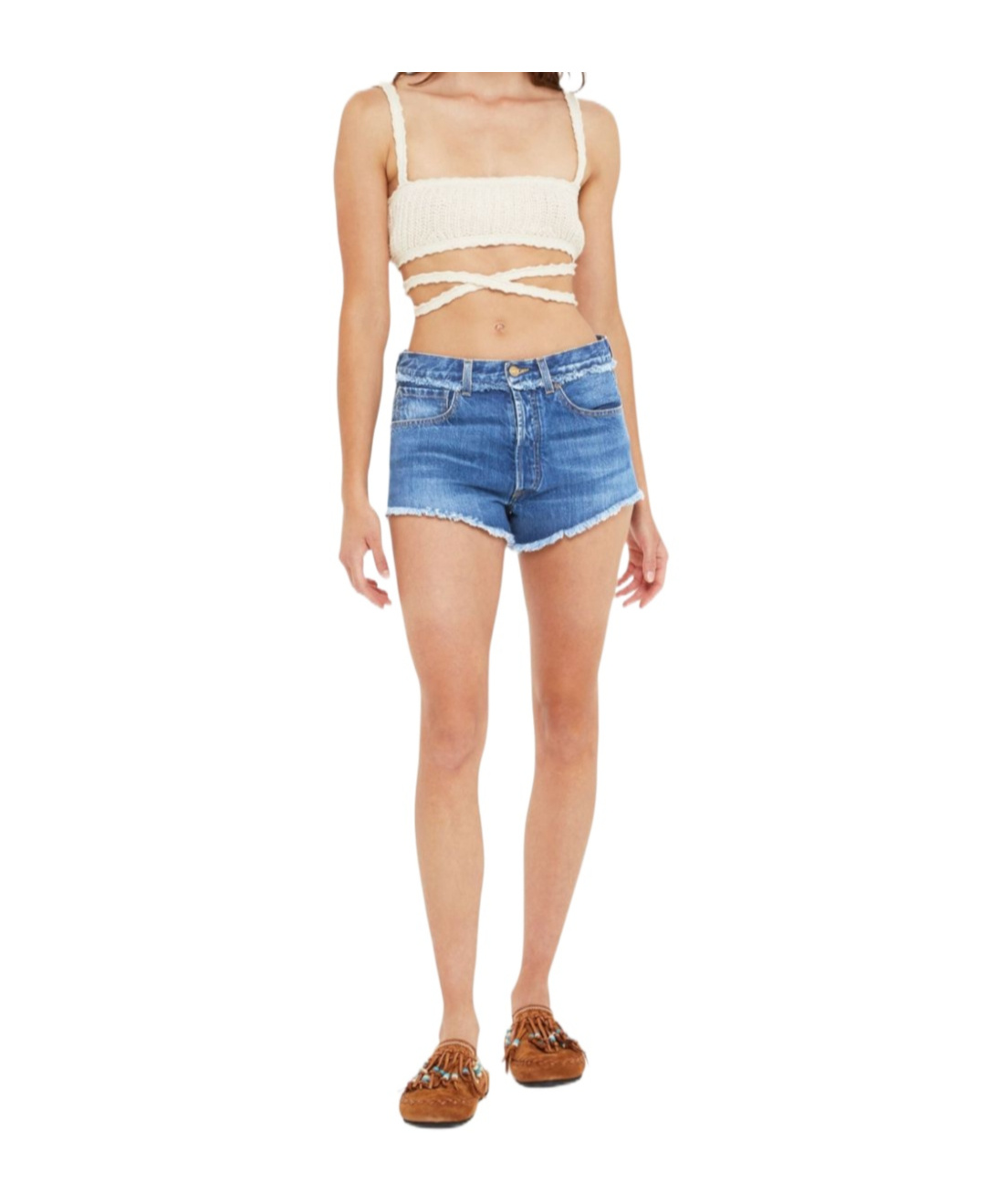 Alanui Fringed Cotton-denim Shorts In Blue
