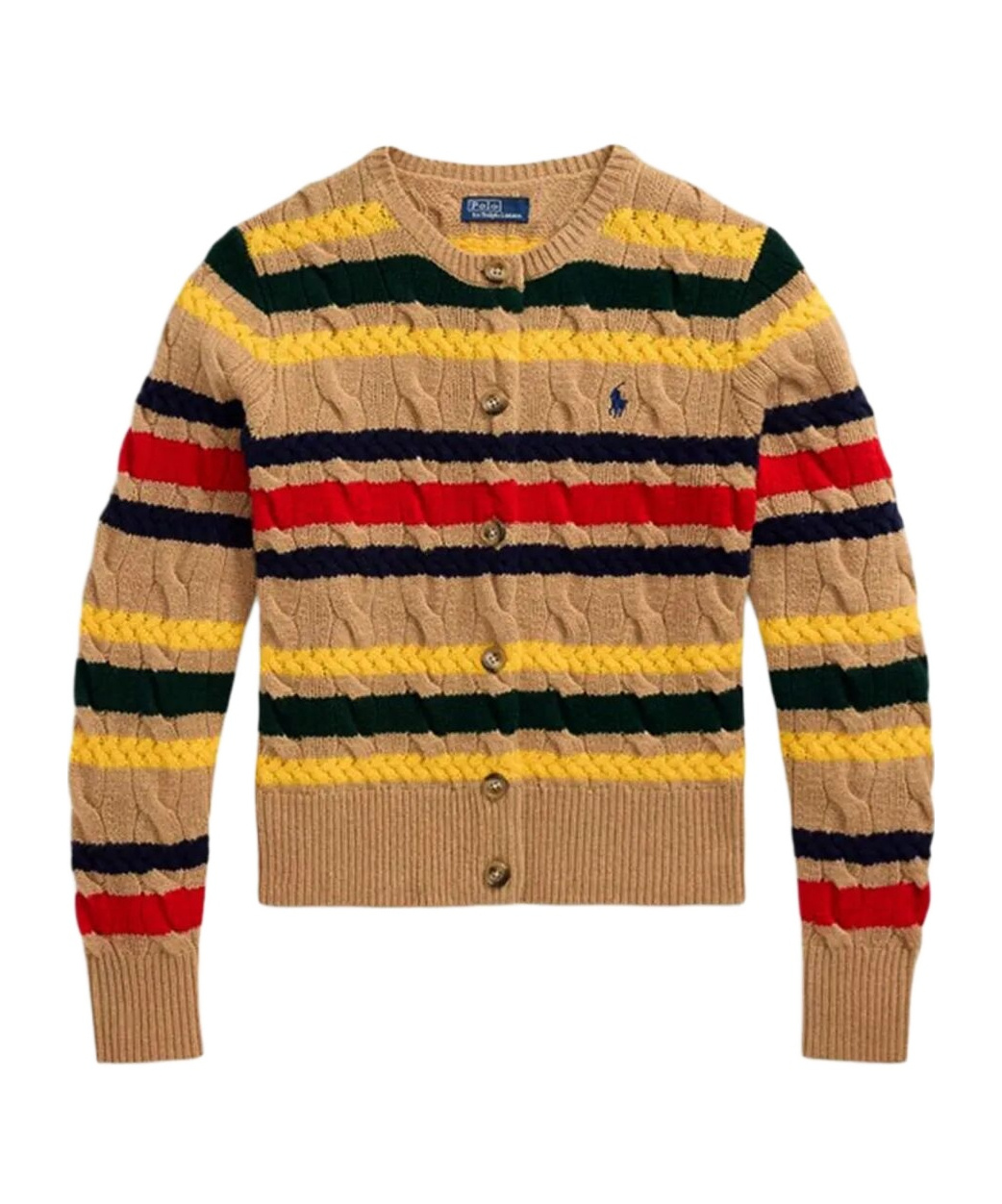 Polo Ralph Lauren Striped Cable Knit Cardigan With Ribbed Cuffs And Hem In Brown