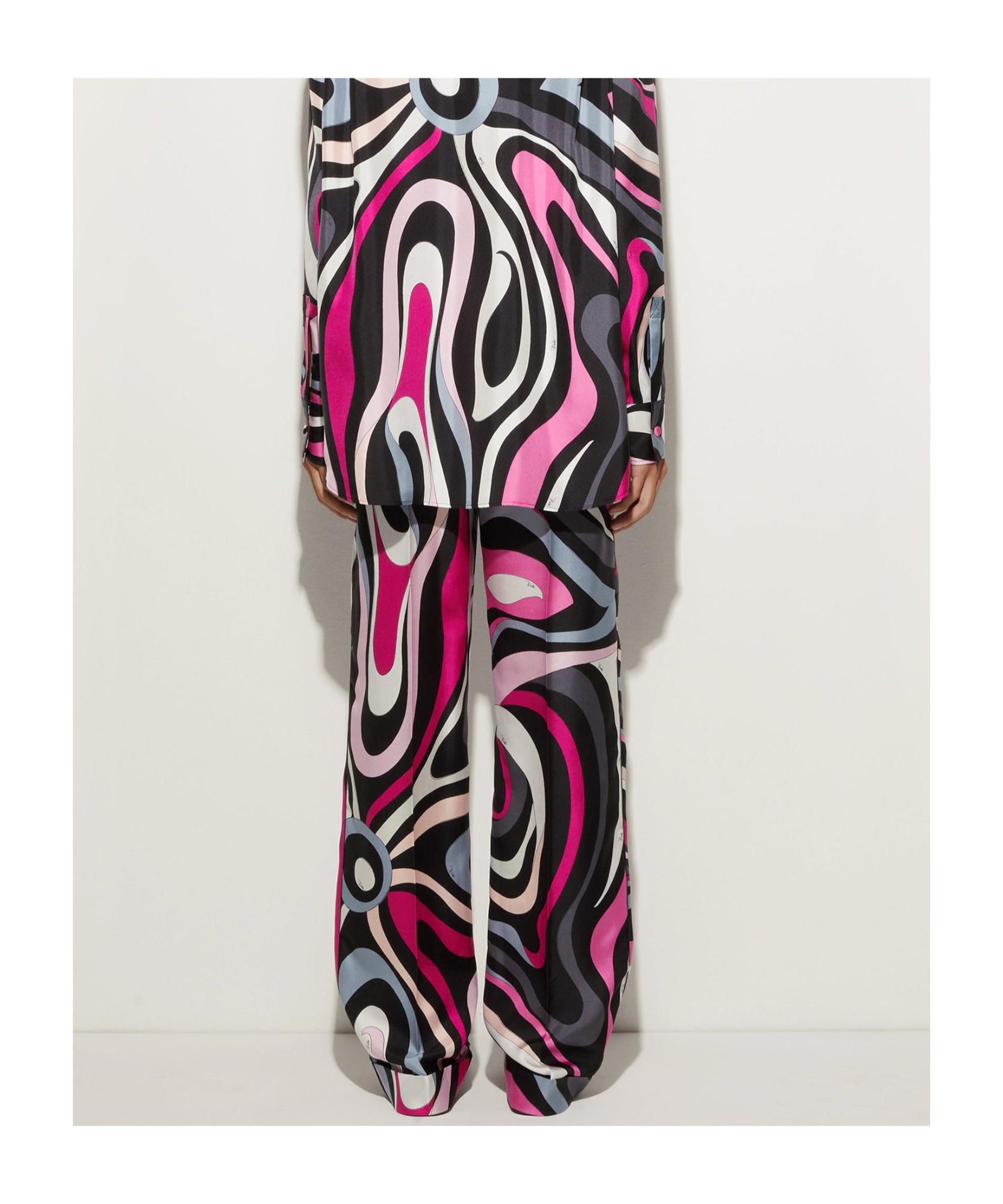 Pucci Marble Print Silk Pants In Black And Fuchsia