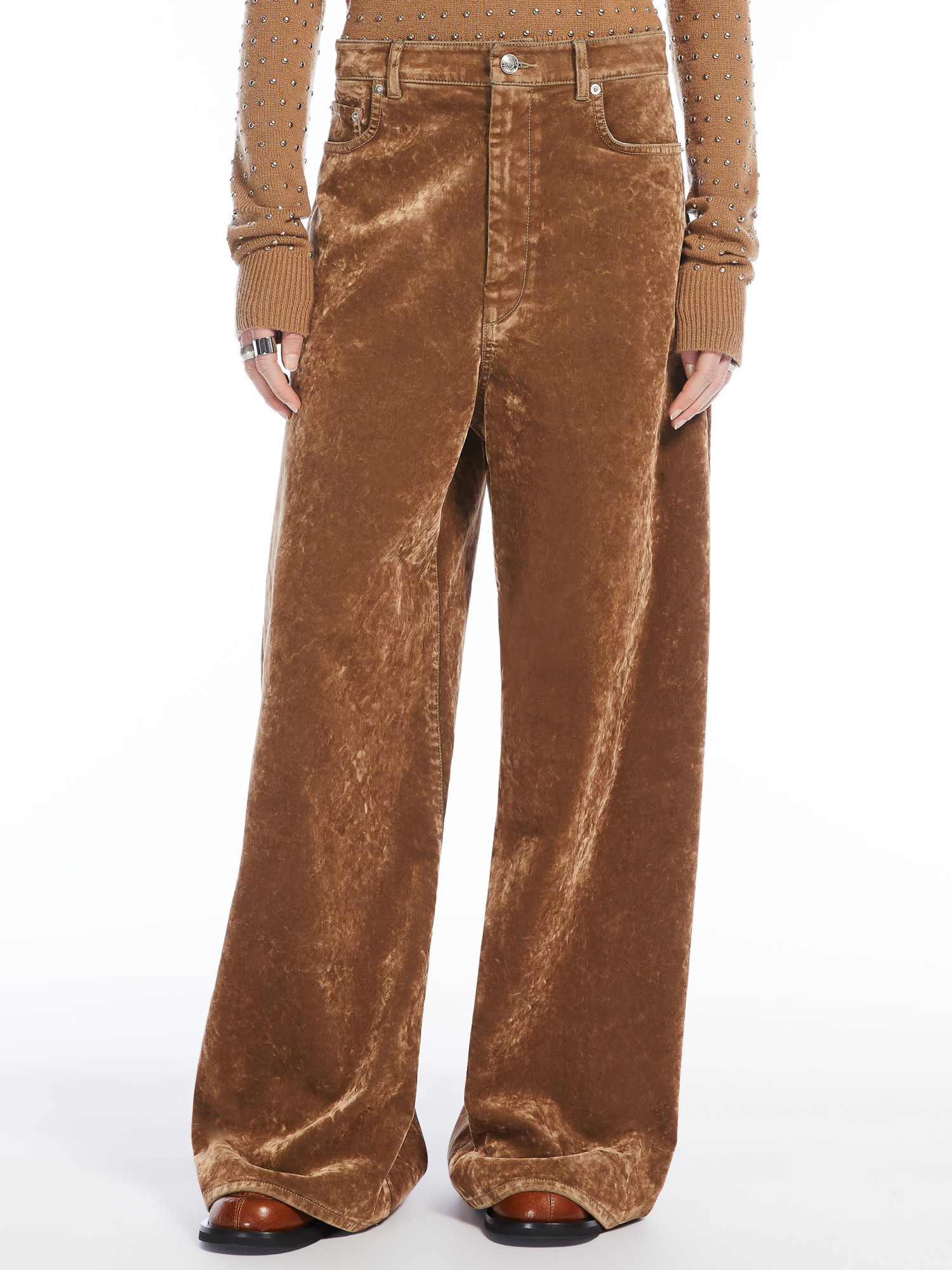 Sportmax Extra Large Flocked Denim Five-bag Pants In Brown
