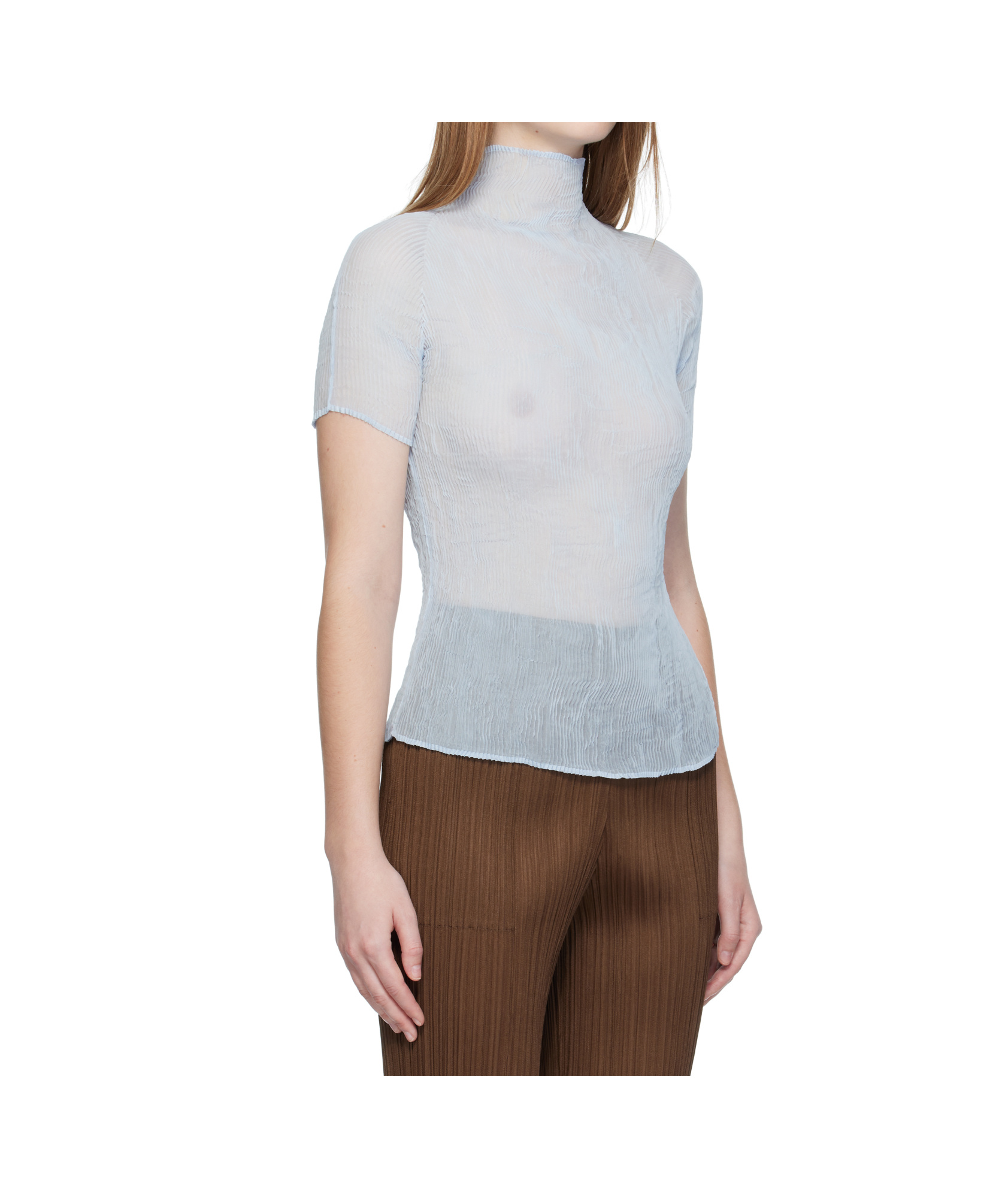 Issey Miyake Pleated High-neck Blouse In Blue